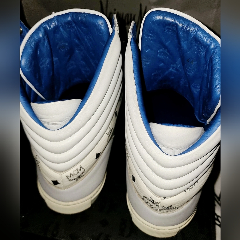 Rare MCM White High-Top Sneakers with Blue Accents Mens 12 - Picture 7 of 10